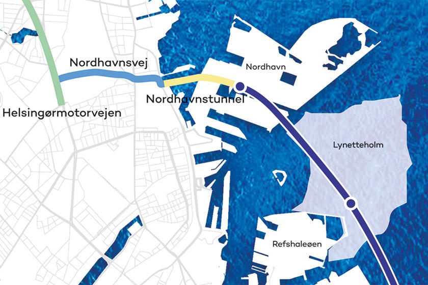 Grafik over placeringen af en Østlig Ringvej ved Nordhavn